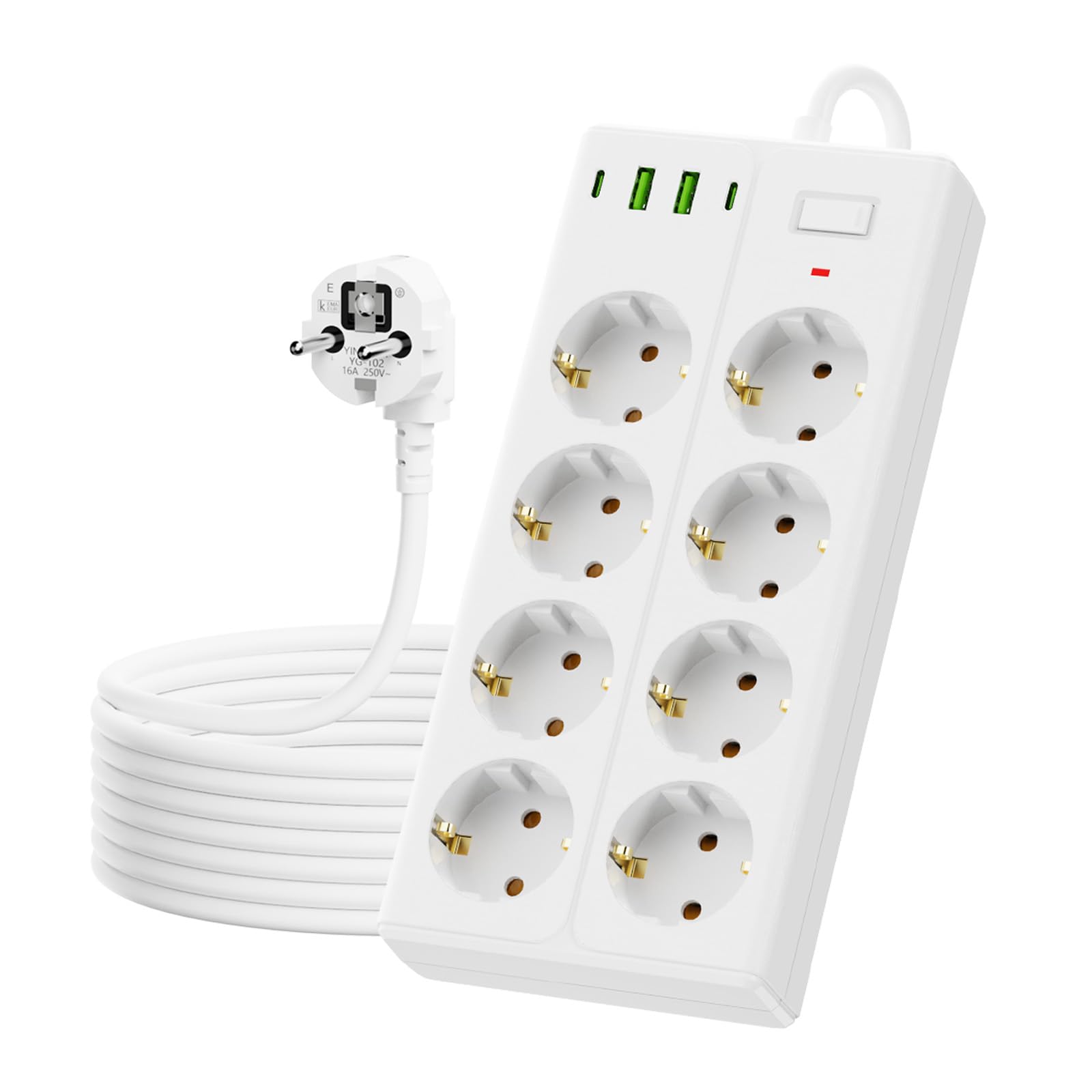Steckdosenleiste mit Schalter, AOUOO 8 Fach Mehrfachstecker mit Verlängerungskabel 2M, 3USB/3Type-c (5V/3.1A), Max. 250 V / 16A, Steckdosenleiste Überspannungsschutz 3840W/16A für zu Hause, Büro Weiß