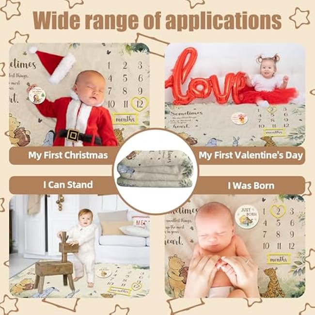 Winnie Milestone Blanket for Baby, Pooh Babies Monthly Blanket, Winnie Quotes Baby Milestone Blankets, Newborn Photography Background Decor, with 8 Holiday Cardstocks