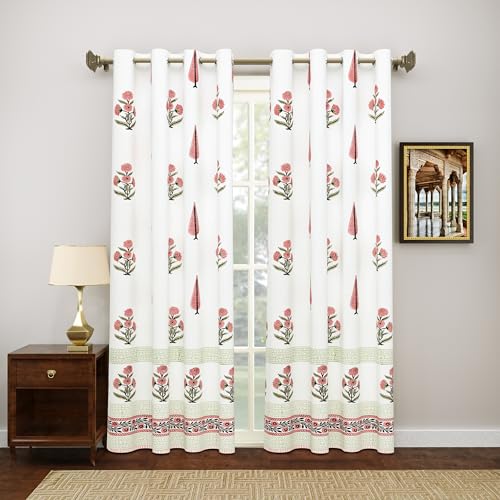 Image of BLOCKS OF INDIA Blackout Hand Block Printed Cotton Daylight Curtains with Eyelets(Set of 2 Curtains) (Block 8, 7 Feet /Door), Pink, White