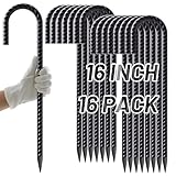 AAGUT Rebar Stakes 16 Inch J Hook Heavy Duty 16 Pack, 3/8 Inch Black Coated Metal Steel Ground Anchors Chain Link Fence Stakes for Camping Tent, Inflatables, Yard Decorations, Canopies & Swing Sets