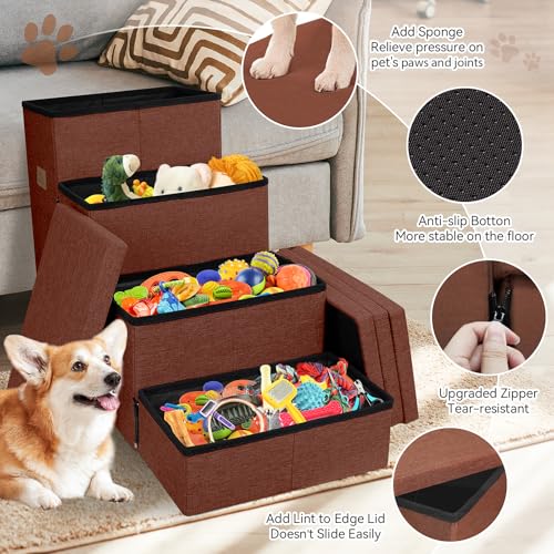 Image of Zerbuger Dog Stairs with Condo 23 inch H, 4-Step Wider Dog Steps for High Beds Window, Folding Storage Pet Stairs Gift for Small /Medium /Large Old Dogs Cats, Ramp for Climbing Car Hold Up to 200 lbs, Brown