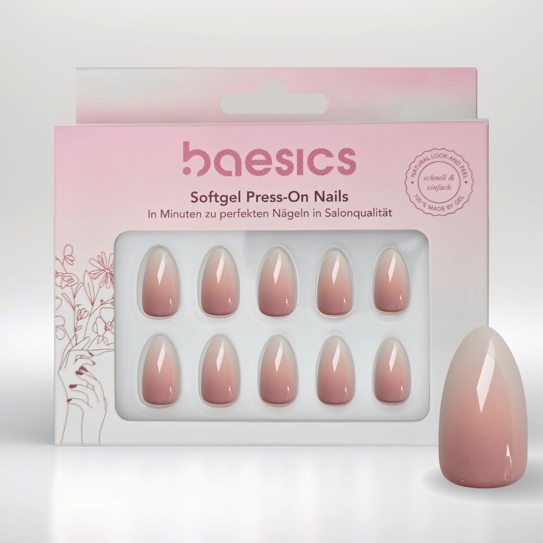 Baesics Softgel Press On Nails Babyboomer Almond - Set di 30 unghie per la casa, riutilizzabile, aspetto naturale, flessibile, per principianti e viaggi