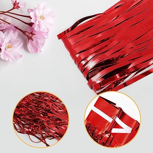 Image of 5 Pack Red Fringe Backdrop Curtains 3.2ft x 8.2ft Tinsel Foil Fringe Curtains Tinsel Backdrop Streamers for Birthday Party Decoration Christmas New Year Party Decorations (Red)