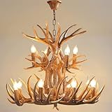 HermnJakk Deer Antler Chandelier with Adjustable Chain - 12 Light Farmhouse Antler Chandeliers Deer Horn Lamp for Dining Room, Kitchen, Living Room, Bedroom, Bar, Cafe, and Cabin for High Ceilings