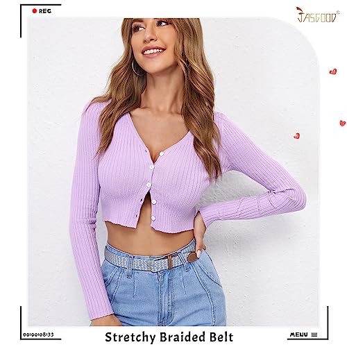 JASGOOD Women Braided Elastic Belt, 1.38'' Width Woven Fabric Belt for Jeans Men Golf Belt with Silver Buckle4