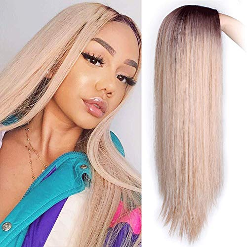 AISI HAIR Long Ombre Wig Mixed Color Brown Mixed Blonde Straight Wigs for Women Heat Resistant Middle Part Synthetic Blonde Wig High Density Long Hair Wig for Women