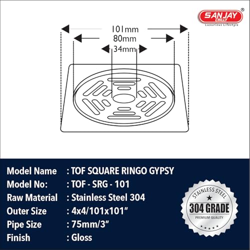 Image of Square Ringo SS Floor Drain with Hole 304 Grade Luxurious Bathroom Water Drainer in Kitchen Bathtub Laundry Washbasin Toilet & Washroom (Ringo Gypsy 4 x 4 Inch Silver)