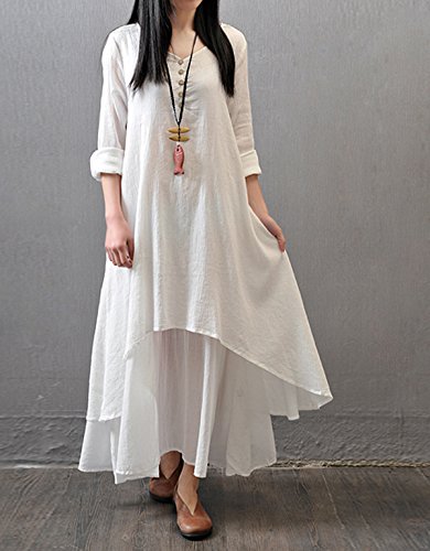 R.Vivimos Women Long Sleeve Cotton Casual Loose Plus Size Irregular Long Dresses3
