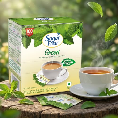 Image of Sugar Free Green Stevia, 100 Sachet |100% Plant-based Natural Sweetener | 100% Natural Meethi Tulsi (Stevia) leaves| Sweet like Sugar but with zero calories