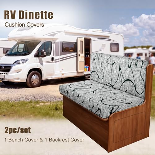 Image of SearchI RV Dinette Cushion Covers, Stretch Camper Cushion Slipcovers for Travel Trailer Couch RV Booth Seat, Replacement Camper Sofa Chair Protector (1 Backrest Cover & 1 Bench Cover, Grey Lotus)