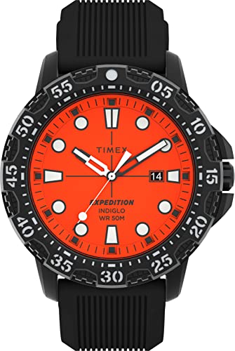 Timex �����Y Expedition Gallatin 44mm �r���v ? �u���b�N�P�[�X�u���b�N�_�C�����ƃu���b�N�V���R���X�g���b�v, �u���b�N/�I�����W�B, ���_��