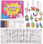 Shrinky Dink Sheets Kits for Kids, Funtopia 75 Pre-Cut Shrink Paper Craft Keychain Making Kit, 12 Themes DIY Shrink Art Plastic Sheets with Charms and Keychains Accessories