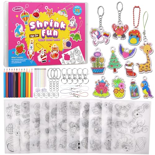 Funtopia 75 Pièces Plastique Fou, Kit de Feuille Rétractable Prédécoupées pour la Création de Porte Clé, 12 Thèmes de Loisirs Créatifs, avec Breloques et Accessoires pour Porte-Clés oa Crayon