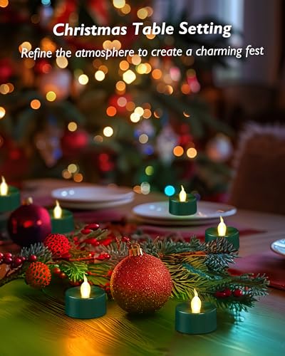 Image of merrynights Green LED Candles, 12 Pack Tea Lights Candles Battery Operated, Flameless Tealight Candle, Realistic Tea Lights for Halloween Christmas Party Decor Mardi Gras
