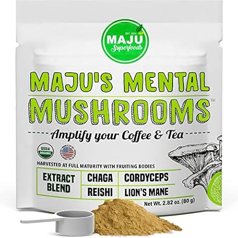 MAJU's Mental Mushroom Powder Extract, Strong Lions Mane, Chaga, Reishi, Cordyceps, Fruiting Bodies for Coffee, Immune System Booster, Nootropic Brain Supplement, Memory, Organic Mushrooms Cover