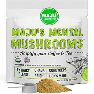 MAJU’s Mental Mushroom Powder Extract, Strong Lions Mane, Chaga, Reishi, Cordyceps, Fruiting Bodies for Coffee, Immune System Booster, Nootropic Brain Supplement, Memory, Organic Mushrooms