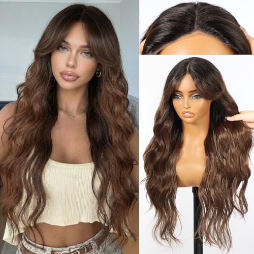 KOME Ombre Brown Synthetic Lace Front Wig Beginner Friendly Wigs T Part Glueless Long Curly Wavy Wigs With Bangs for Women Cosplay Daily Use 28IN(#TT30/2761)