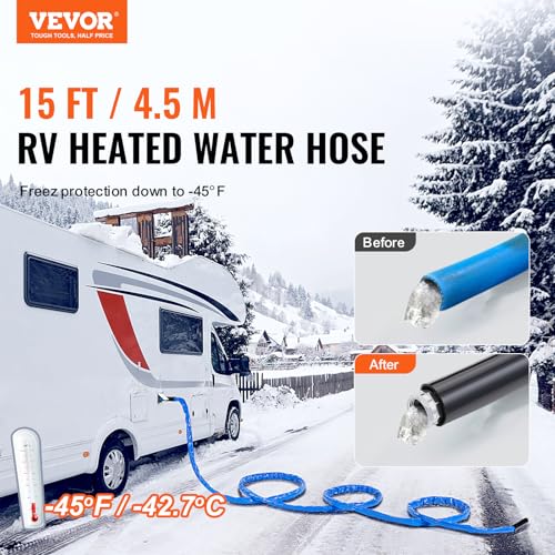 Image of VEVOR 15ft Heated Water Hose for RV, Heated Drinking Water Hose with Corrugated Cover Antifreeze to -45F, Automatic Self-regulating, 5 /8 inch I.D. with 3 /4 inch GHT Adapter, Lead and BPA Free