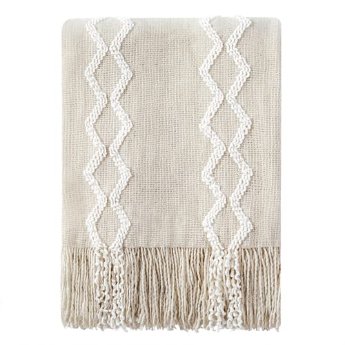 BOURINA Flauschige Chenille-Strick-Fransen-Überwurfdecke, weicher Sofabezug, Beige, 127 x 152 cm