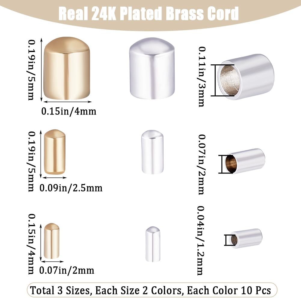 CREATCABIN 60pcs 6 Styles Cord End 24K Plated Brass End Caps Column Cord Caps Terminators Fasteners End Tip Bead Caps for Necklaces Bracelets Jewelry Making 2mm 2.5mm 4mm-Silver Gold