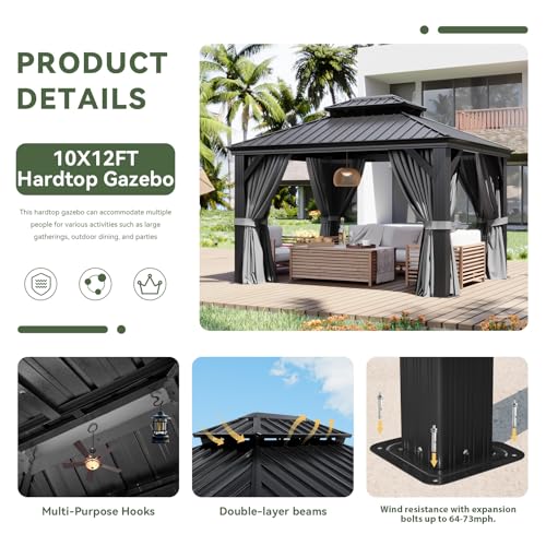 Image of Aoxun 10' X 12' Hardtop Gazebo with Drainage System, Aluminum Outdoor Gazebo with Galvanized Steel Double Roof, Patio Permanent Metal Pavilion with Netting, for Garden, Deck, Grey