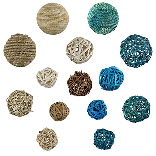 Blue Donuts Decorative Balls for Bowls Decorative Balls for Centerpiece Bowl Fillers, Assorted Rattan Wicker Balls Orb Grapevine Ball, Vase Fillers, Blue, Pack of 18
