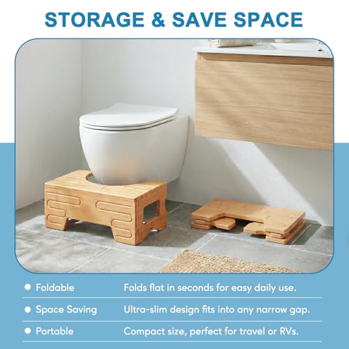 Image of Foldable Toilet Stool-Squat Stool for Bathroom,Bamboo Potty Stool for Toddler,Teens & Adults,Adjustable 7 inch & 9 inch Heights Flip Design,Compact Space-Saving Poop Stool for Small Bathroom (Natural Color)