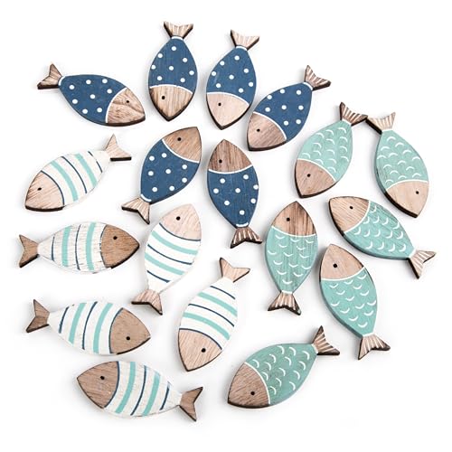 Logbuch-Verlag Peces de Madera para Decoracion Mesa, Set de 18: Piezas pequeñas decoración comunión, Boda, Bautizo, confirmación y Manualidades, Azul, Blanco y Turquesa, decoración marítima, 6 cm