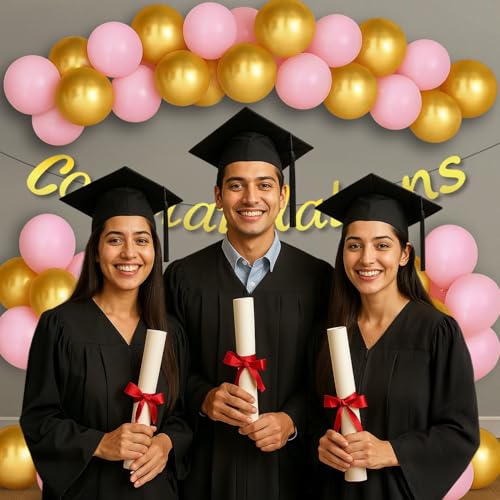 Image of Party Propz Congratulations Banner - 42 Pcs Pink and Golden Congratulations Decoration Items | Balloons For Decoration | Congrats Banner (Cardstock, Latex)