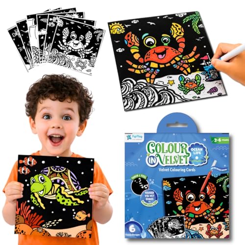 Image of PepPlay Velvet Coloring Cards for Kids - 6 Ocean Life Art Cards | Sensory Mess-Free Travel Activity Kit for Flights & Road Trips | Gift for Boys & Girls Age 3-8 | Birthday Return Gift