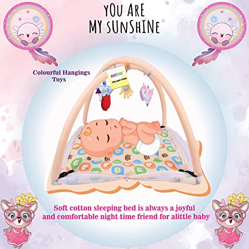 Image of Kwitchy Baby Bedding Set New Born Baby Bed | Mattress | Mosquito Net | Play Gym | Playmats | Floor Gym | Cotton | Infants | Gift Pack | Bed with Hanging Toys (0-6 Months, Orange)