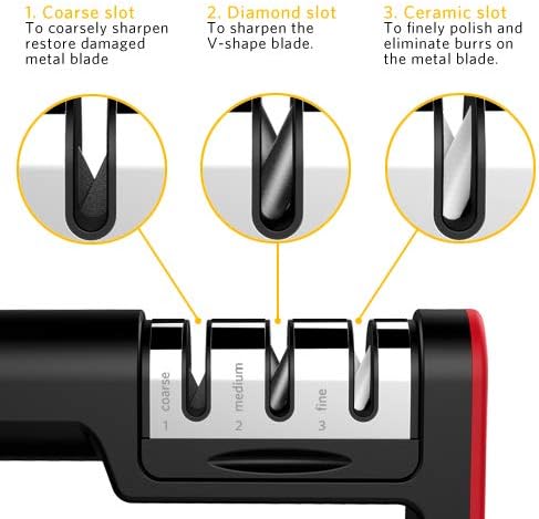Upgraded Kitchen Knife Sharpener, Ulwae 3-Stage Knife Sharpener to Restore Non-Serrated Knife Blades Quickly, Safely, and Easy to Use for Kitchen, Camping, Hiking and Household Use Red-Black