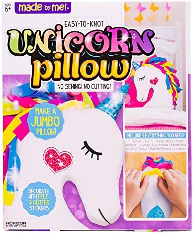 Made By Me Polyester Make Pillow by Horizon Group USA, Unicorn Shaped DIY Decorative Pillow. Fiberfill, Glitter Stickers & Rainbow Fleece Strips Included. No Sewing Needed-1 Ct (Pack of 1), Multicolor