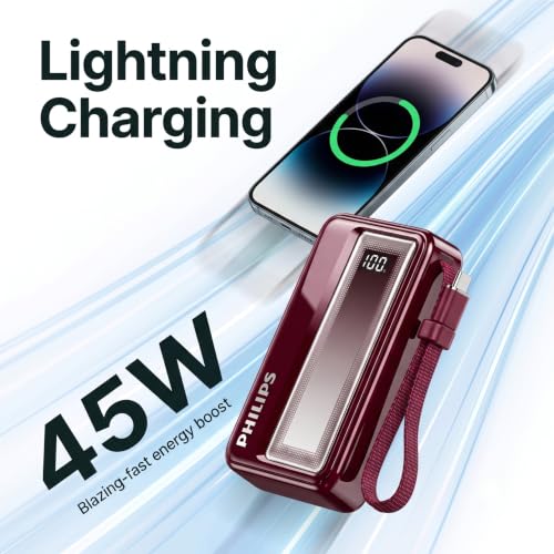 Image of Philips DLP2721NR /94 20000mAh 45W Fast Charging Power Bank with Built-in Type-C Cable (Iron Red) | Digital LED Display | Lithium Polymer | 2 Type-C & USB-A | Pocket Size | Compact & Travel-Friendly