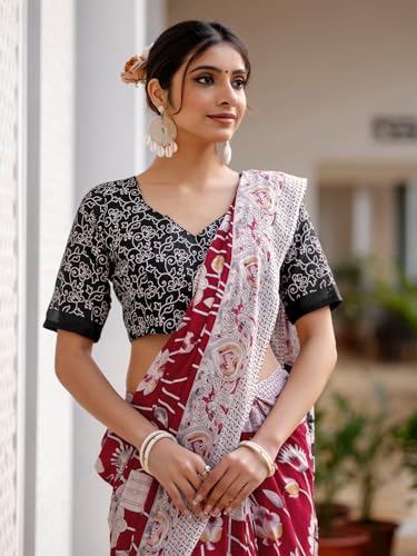 Image of SIRIL Women's Printed Ready to Wear Mul Cotton Saree With Unstitched Blouse Piece