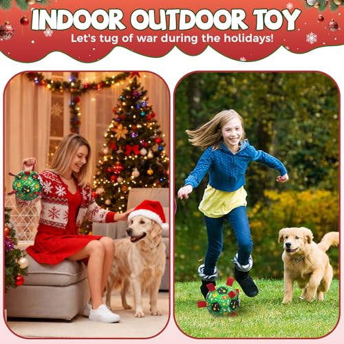 Image of QDAN Christmas Dog Toys: Soccer Ball with Straps for Outdoor Play, Tug of War- Dog Birthday Gift, 8 Inch Balls for Medium & Large Dogs