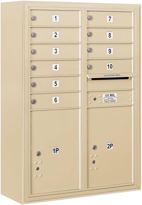 Salsbury Industries 3811D-10SFP 4C Surface Mounted Horizontal Mailbox, Front Loading, Double Column, 10 MB1 Doors, 2 PL5's, Private Access, Sandstone