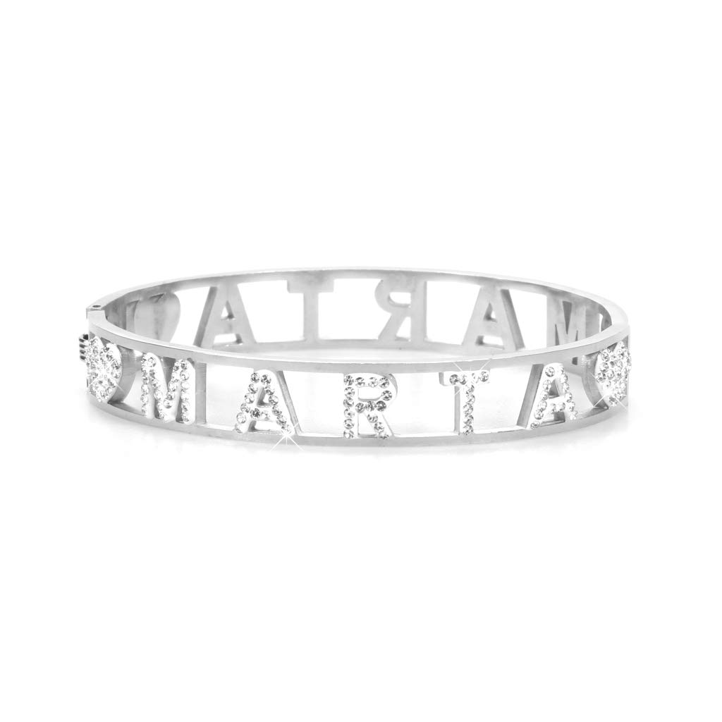 Flowers Bracciale Rigido Acciaio con Nome Vari e Zirconcini Sacchettino in Tessuto Scritta Nome ricoperta di Strass Brillantissimi Bracciale a Manetta Donna Chiusura a Molla Idea Regalo
