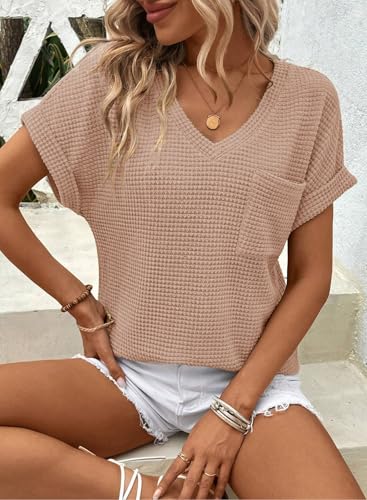 Dokotoo Womens Waffle Knit Tops 2025 Fall Summer V Neck Shirts Casual Trendy Women’s Blouses Basic Tee