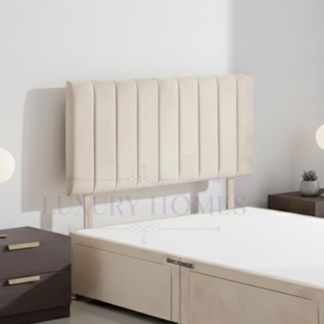 Ribbed Upholstered Bed Headboard, Soft Plush Velvet Fabric, Wall Mounted for Divan Beds (Cream Plush, 4ft Small Double)