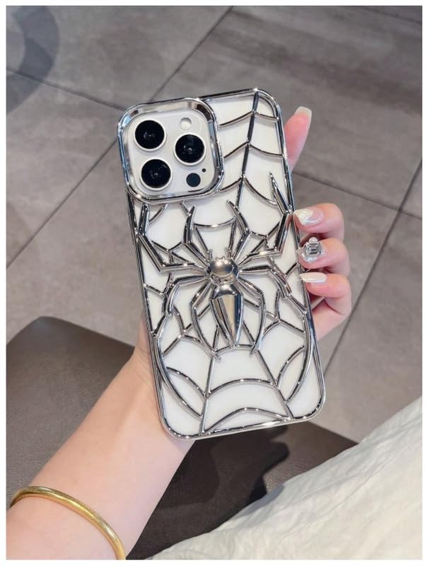 Image of COVERLY for iPhone 15 Spidey Web Silicone 3D Cartoon Clear Phone case, Full Protection Minimal Hollow Out Electroplated Heat Dissipation Metallic Paint Mobile Back Cover for Apple iPhone 15 (Silver)