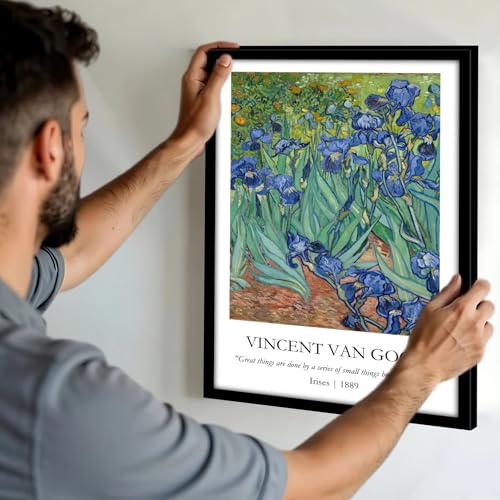 Image of Waltractive Vincent Van Gogh Paintings Framed Poster with Beautiful Quotes - Available in 33x22 and 48x33 CM - Classic Art Poster with sleek Black Frame - Elegant Home and Office Decor (Irises, 13x19 Inch, Framed)