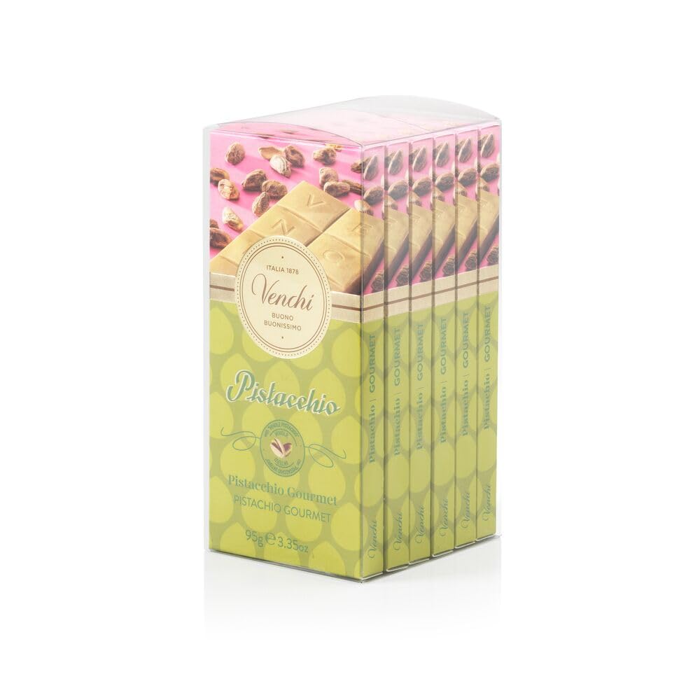 Venchi - Kit of 6 Gourmet Pistachio Chocolate Bars with White Chocolate and Whole Pistachios, 570g, Gluten-Free, No Colourants or Preservatives