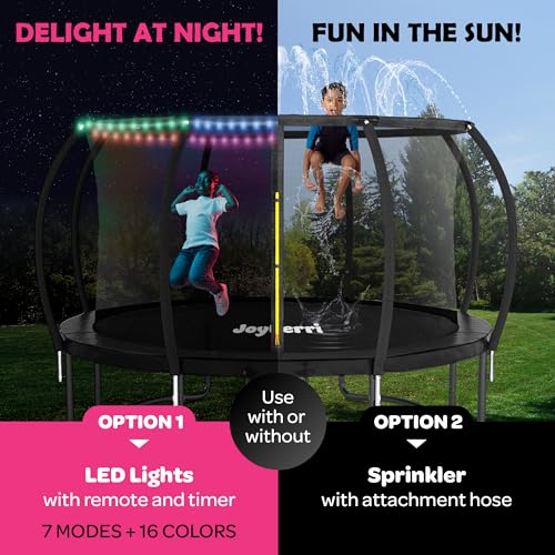 Image of JoyBerri Upsurge Trampoline Outdoor - ASTM Certified Safe 8Ft 10Ft 12Ft 14Ft 15Ft 16Ft Recreational Trampoline for Kids and Adults. Anti-Rust Coating with Enclosure Net, Ladder, Sprinkler & LED Lights
