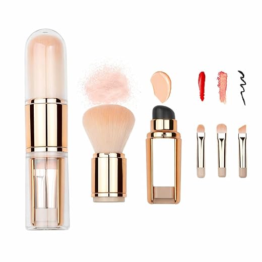 Kit Pincel de Maquiagem 4 em 1 Retrátil com Esponja de Silicone – Compacto, Profissional, Portátil para Base, Olhos, Lábios e Acabamento Uniforme