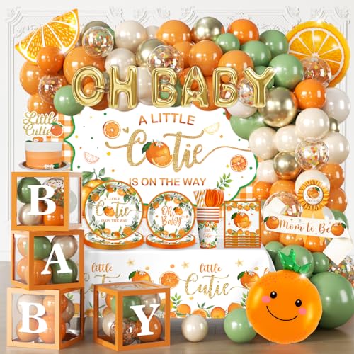 Fexivo 279 PCS A Little Cutie Is On The Way Decorations All-in-One Orange Baby Shower Party Pack With Balloon Backdrop Plates and Napkins for Little Cutie Baby Shower Service 25