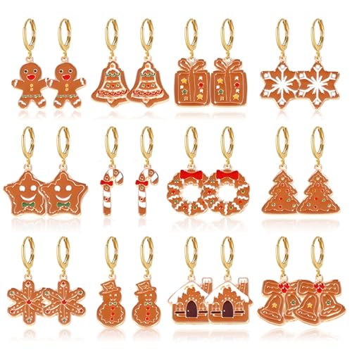 RLHRNDE 12 Pairs Gingerbread Man Earrings for Women Exquisite Brown Enamel Christmas Trees Bow Snowflake Bells Elk Candy Hoop Earrings Xmas Holiday Earring Festival Jewelry Gifts (Christmas)