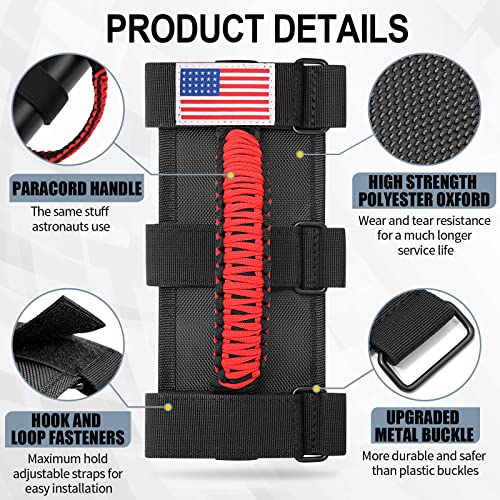 Image of moveland 4 Pack Roll Bar Grab Handles with US Flag for Jeep Wrangler, Red