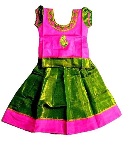 TrendyKidz Traditional Trendy Pink&Green Puff Pattu Pavada,Pattu Langa(pattu Pavadai) Lehenga Choli,Pattu Pavadai for Kids Girls(Pink)