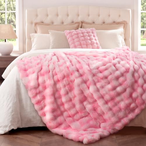 blunique Ultra Soft Cozy Faux Fur Throw Blanket, Fuzzy Plush Thick Bubble Blanket, Oversize Luxury Fluffy Blanket for Couch, Sofa, Bedroom, and Living Room,60x80 Inches, Light Pink